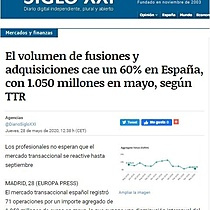 El volumen de fusiones y adquisiciones cae un 60% en Espaa, con 1.050 millones en mayo, segn TTR